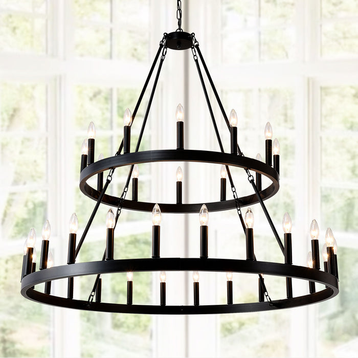 2 Tiers Wagon Wheel Chandelier Wooden Farmhouse 36 Light (24 / 12) Or (12 / 24) Metal Chandeliers 2 Story Light Fixtures Industrial For High Ceiling Living Dining Room Foyer, Adjustable Height - Black