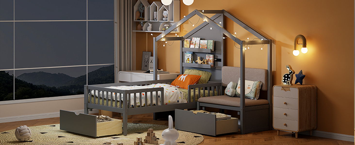 House Bed With Upholstered Sofa, Wireless Charging Station, Shelves And 2 Drawers