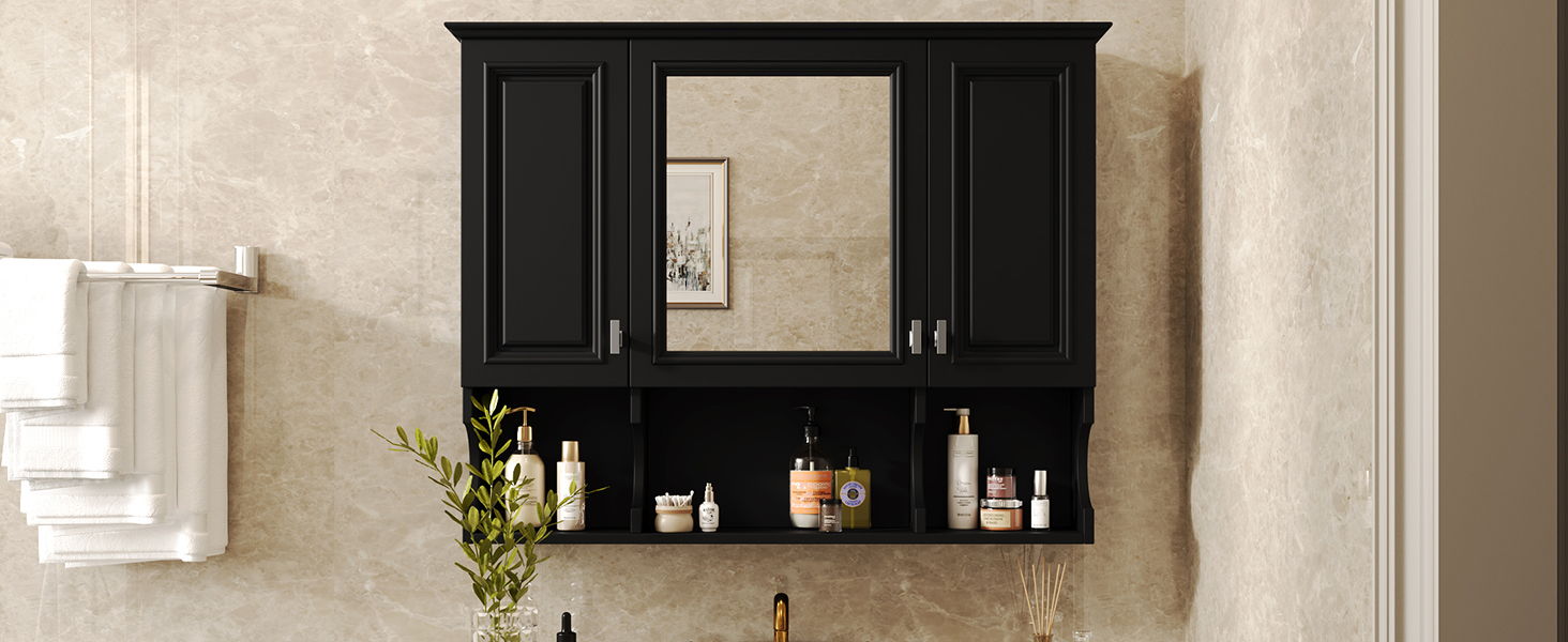 Wall Mounted Bathroom Medicine Wall Cabinet With Mirror & Open Shelves