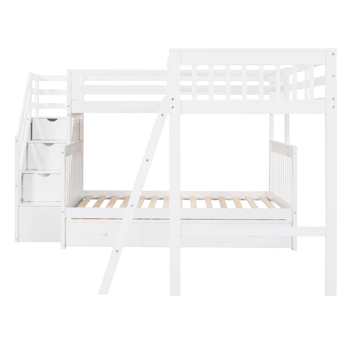 Solid L Shaped Bunk Bed With 3 Drawers, Ladder And Staircase