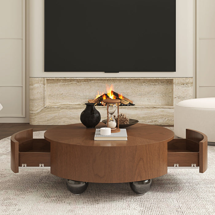 Drum Shaped Coffee Table With Hidden Storage Drawer, Low Profile For Living Room - Walnut