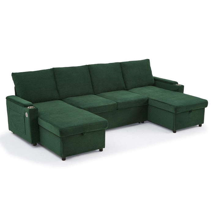 U Shaped Sectional Sofa Bed With Storage Chaise Lounges, USB Ports, And Cup Holders