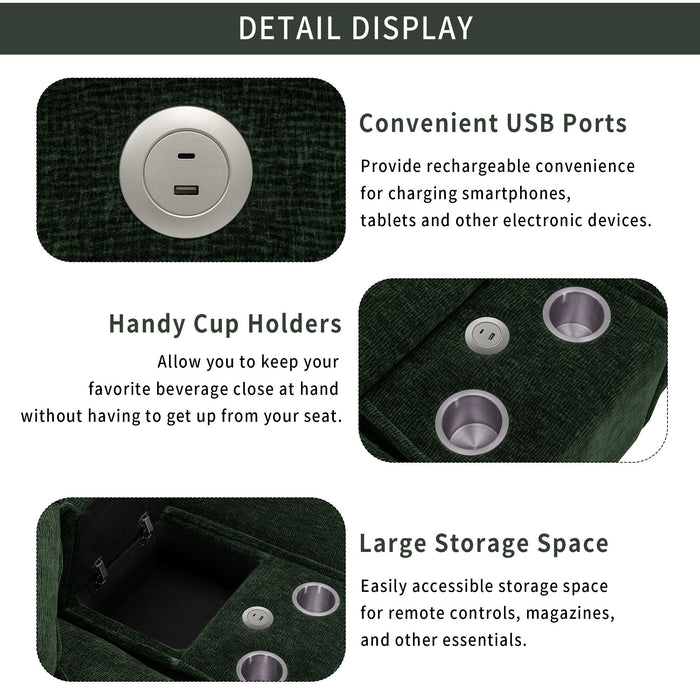 Sectional Sofa Chenille Upholstered Sofa With Two Removable Ottoman, Two USB Ports, Two Cup Holders And Large Storage Box For Living Room