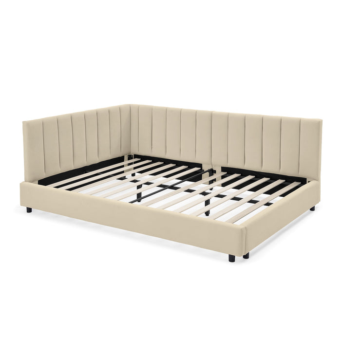 Mid-Century Upholstered Tufted Bed Frame With Backrest And Armrests