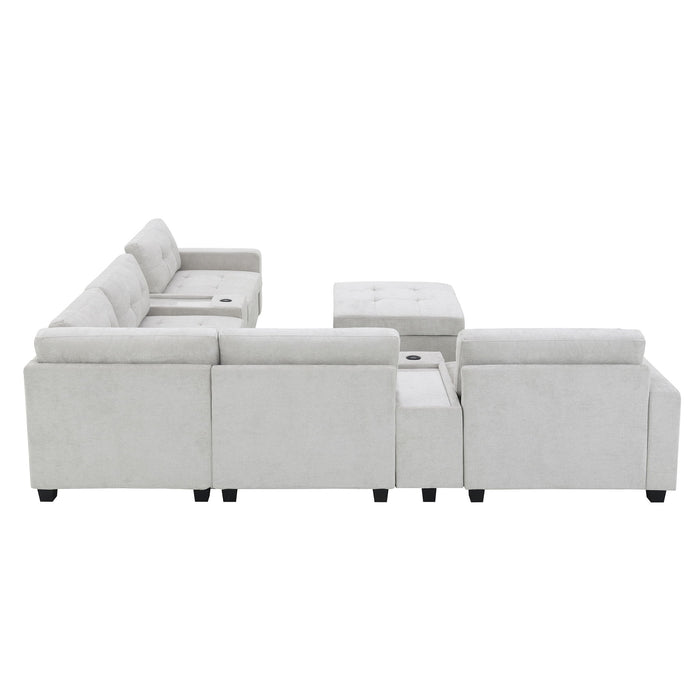 Sectional With Acrylic Table Top U Shaped Couch Set With 2 Consoles USB Charger, Storage Drawers And Pockets Movable Ottoman Tufted Sofa