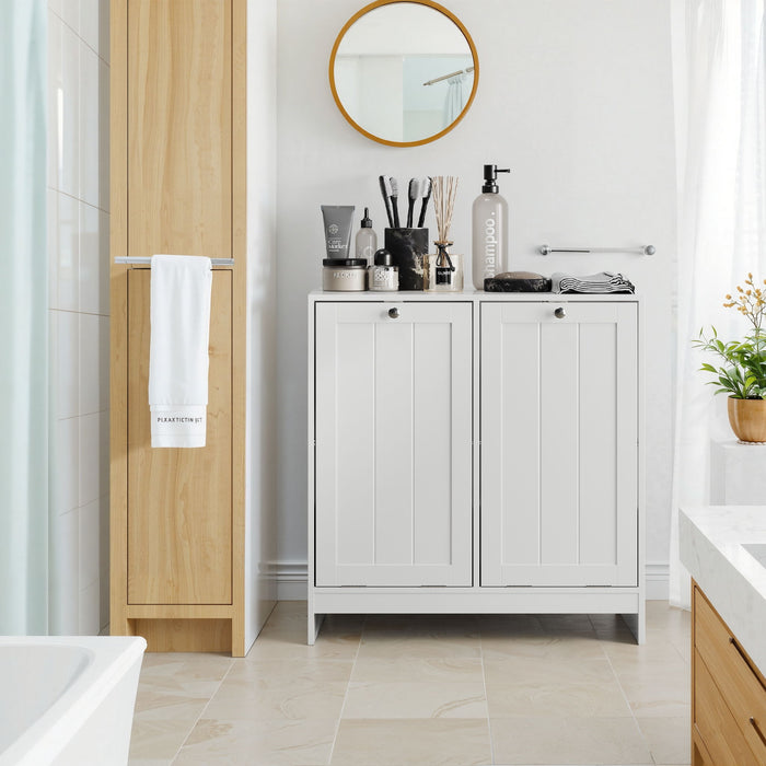 Tilted Laundry Hamper With Removable Basket, Hidden Laundry Hamper, Bathroom Storage Cabinet, Free Standing Organizer - White