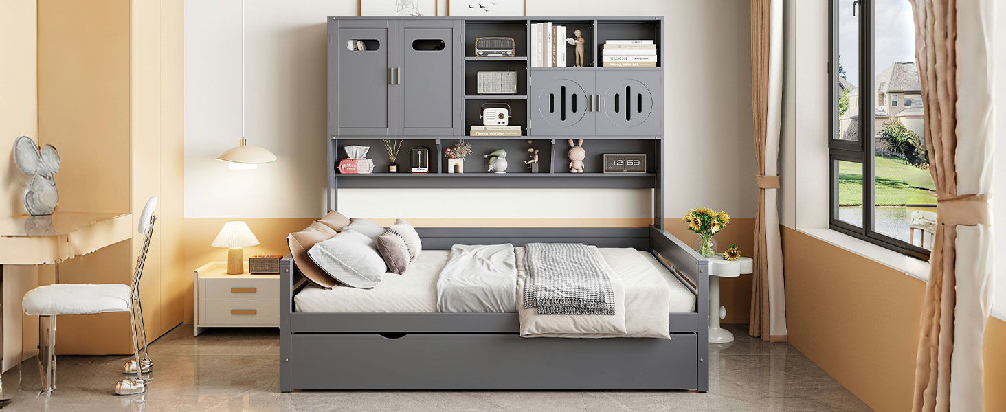 Daybed With All-In-One Cabinet And Shelf