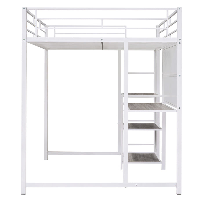 Metal Loft Bed With Desk, 3 Shelves And Ladder