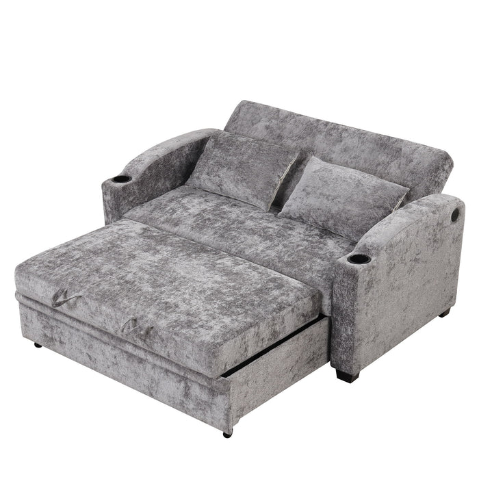 Pull Out Loveseat Sofa With Adjsutable Backrest, 2 Pillows, Cup Holders, USB Ports For Living Room