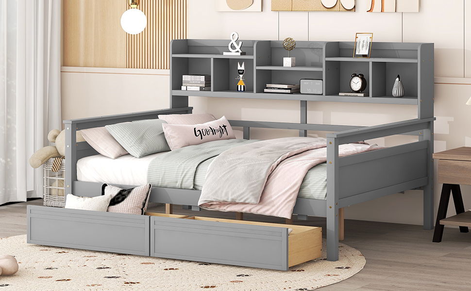 Daybed, Slat Support, With Bedside Shelves And 2 Drawers