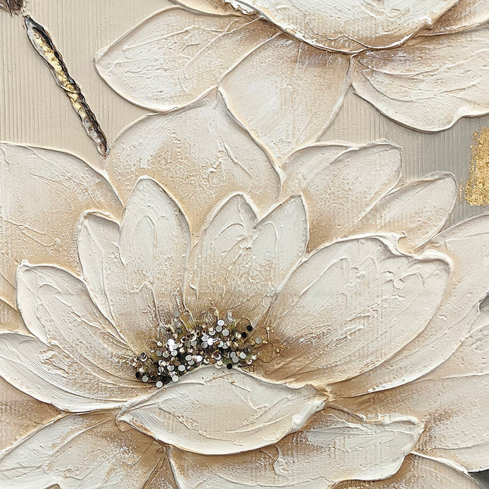 Lotus Flower Canvas Wall Art, Hand Painted Thick Textured Floral Painting With Accents, Neutral Decor For Living Room - Antique White / Gray