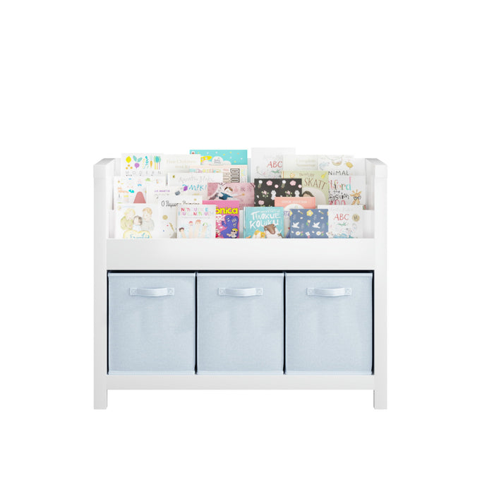 Bookshelf With 3 Tier Front Facing Storage And 3 Bins, Toddler Bookcase For Playroom - White