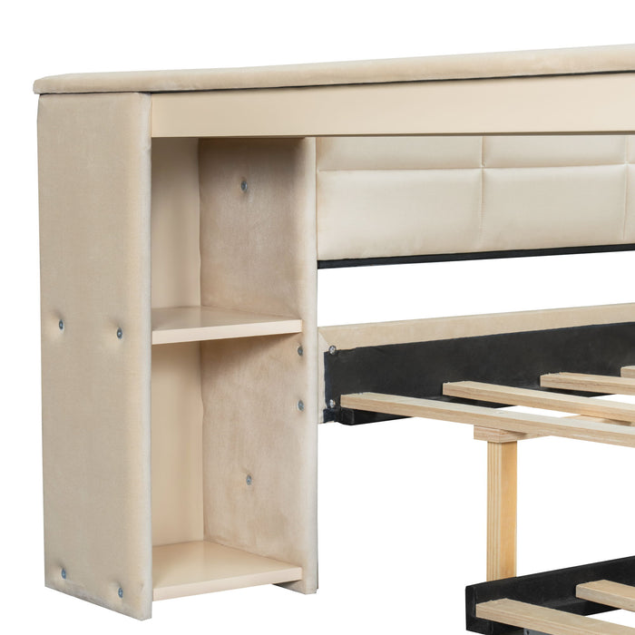 Upholstered Platform Bed With Storage Shelves, Desk, Charging Station And Trundle