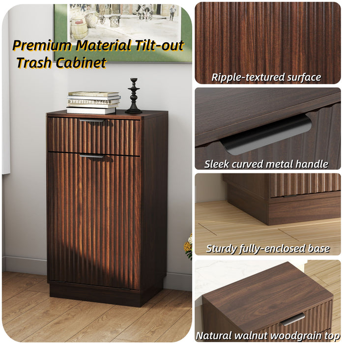 Tilt Out Trash Can Cabinet With Wave Textured Drawer & Pull Out Bin