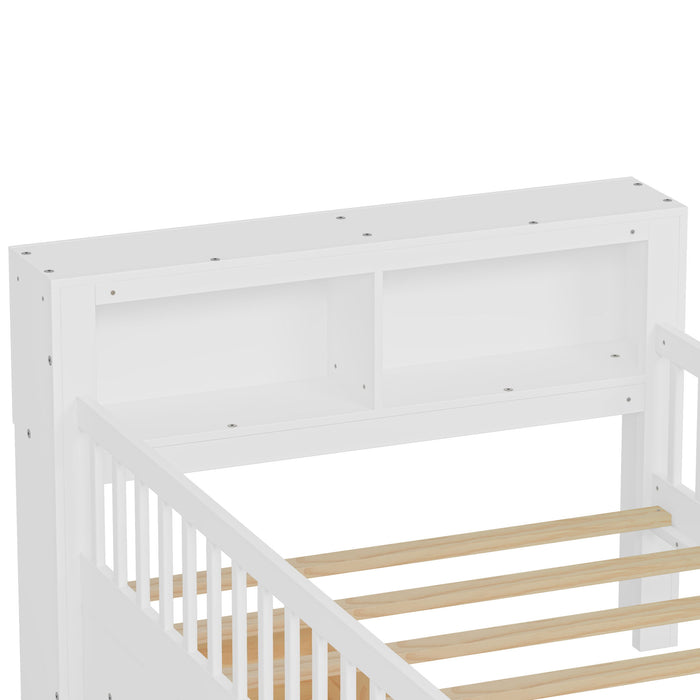 Bed With Headboard Storage Rack, 2 Under Bed Drawers, 3 Side Guardrails For Safety
