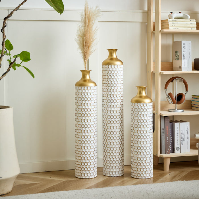 3 Piece Set Gorgeous Home Decoration Large Glazed Floor Vase Decoration Home Droplet Shaped - Gold / White