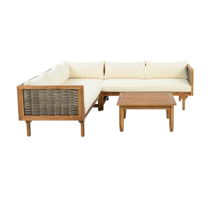 Premium Outdoor Sofa Set With Waterproof Cushions Sectional Seating Group With Acacia Wood And Wicker - Brown Mix / Beige