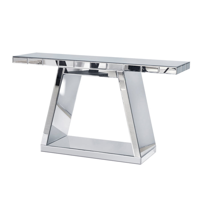 Modern Luxe Full Body Mirror Entryway Table With Trapezoid Base, 360° Reflective Console, Scratch Resistant, Open Storage - Silver