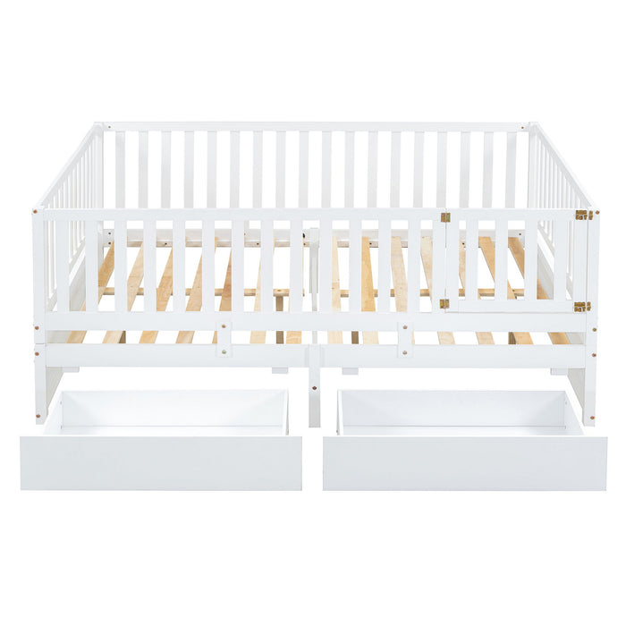 Daybed With Fence Guardrails And 2 Drawers, Split Into Independent Floor Bed & Daybed