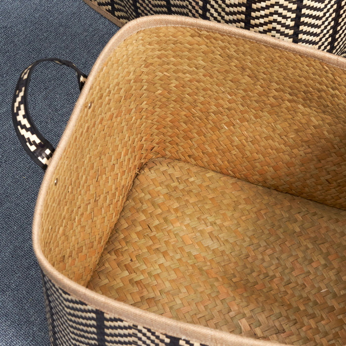 Square Palm Leaf Woven Wicker Storage Basket With Handles (Set of 2) - Back / Brown