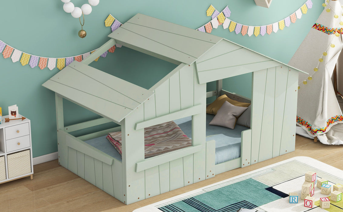 Wood Twin Size House Bed With Roof, Window And Guardrail, Light Green