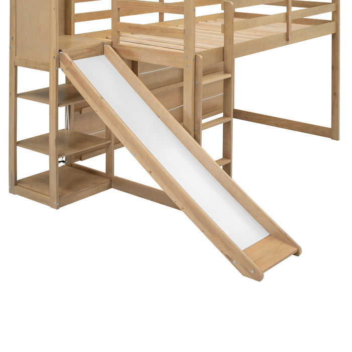 House Loft Bed With Slide, Storage Shelves And Light, Climbing Ramp