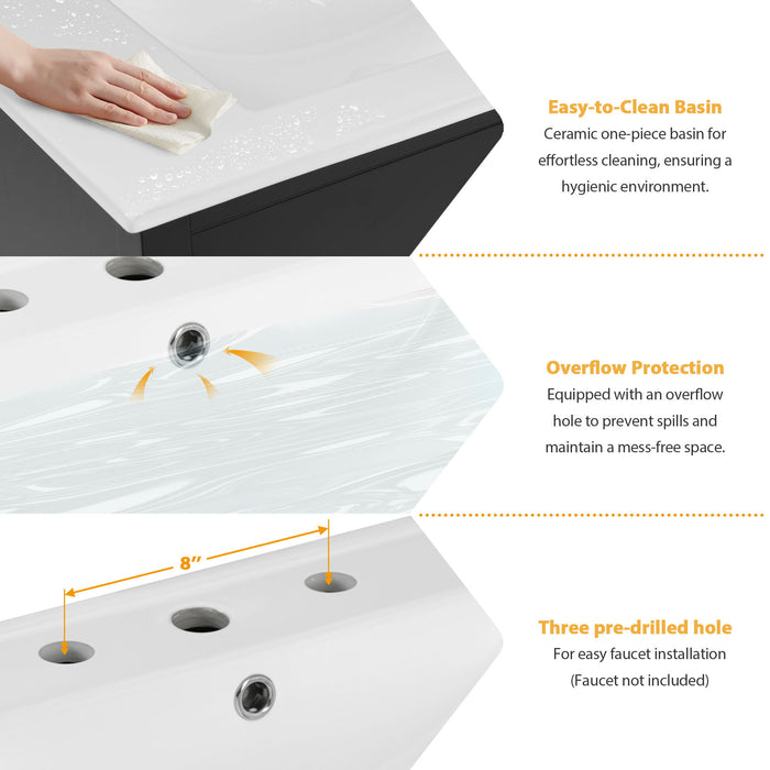 Bathroom Vanity With Sink And Ample Storage, Rectangular Undermount Sink - Black