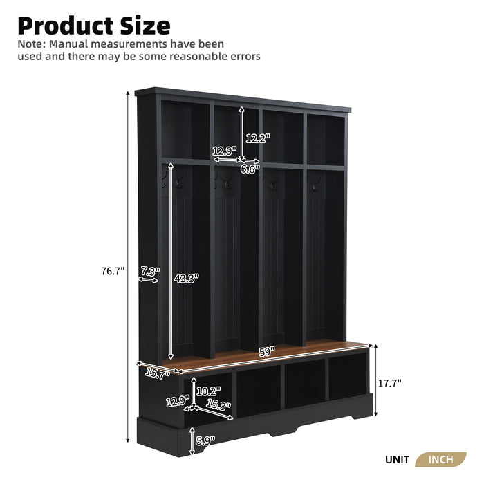 Hall Tree With 8 Hooks, Practical Entryway Bench With Open Compartments