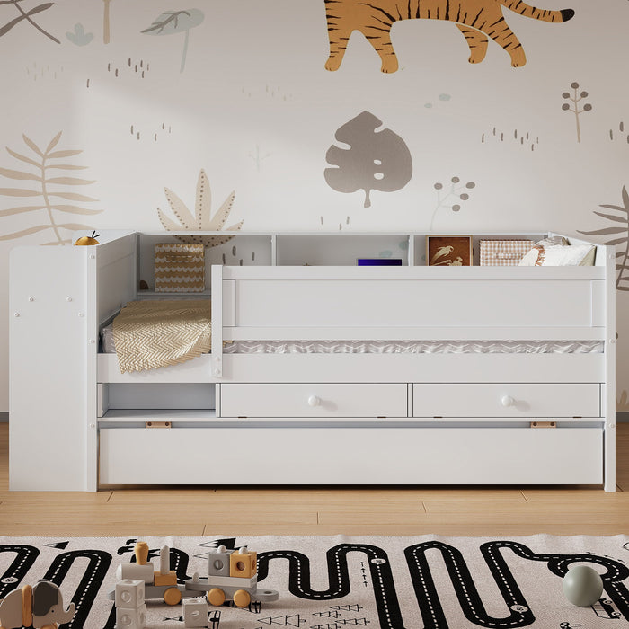 Twin Daybed With Drawers, Trundle, Headboard Storage, Study Desk, And USB Charging Station - White