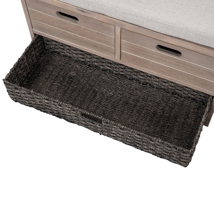 Trexm Storage Bench With Removable Basket And 2 Drawers, Fully Assembled Shoe Bench With Removable Cushion (White Washed)