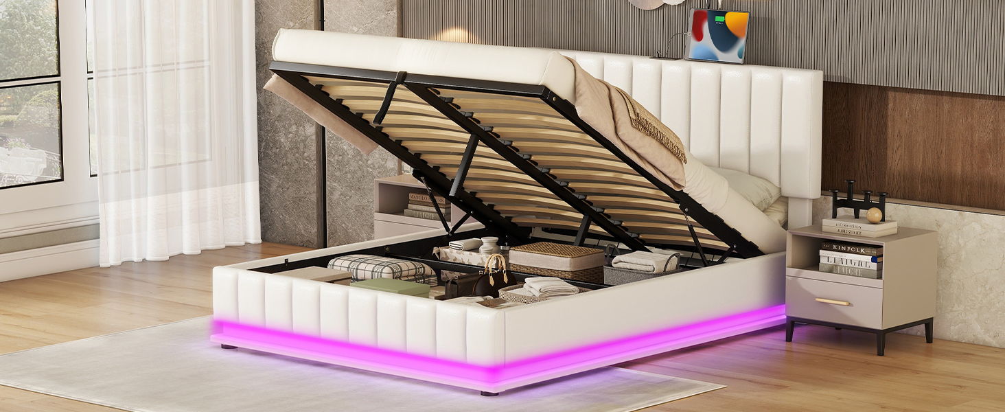 Upholstered Bed With Hydraulic Storage System And LED Light, With Sockets And USB Ports