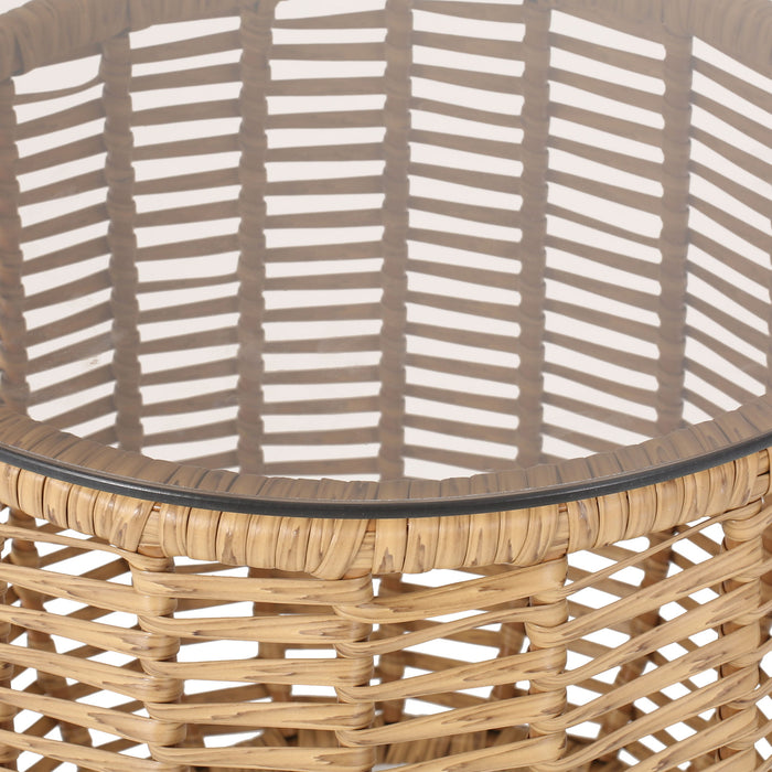 Boho Arias - Side Table With Tempered Glass Top And Rattan Wrap