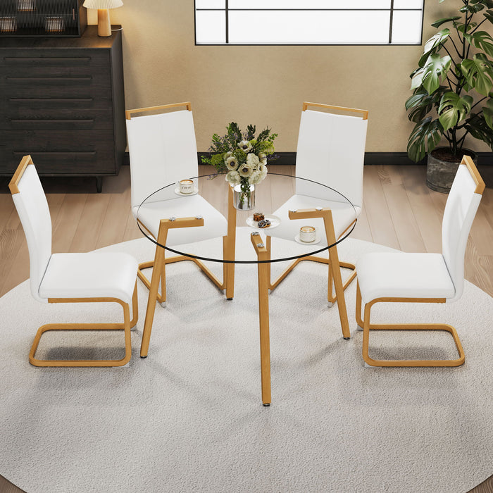 1 Modern Minimalist Style Circular Transparent Tempered Glass Dining Table, 4 Modern PU Leather High Backrest Cushioned Side Chairs, C - Tube Chrome Legs C - 1162 Drt - 1123