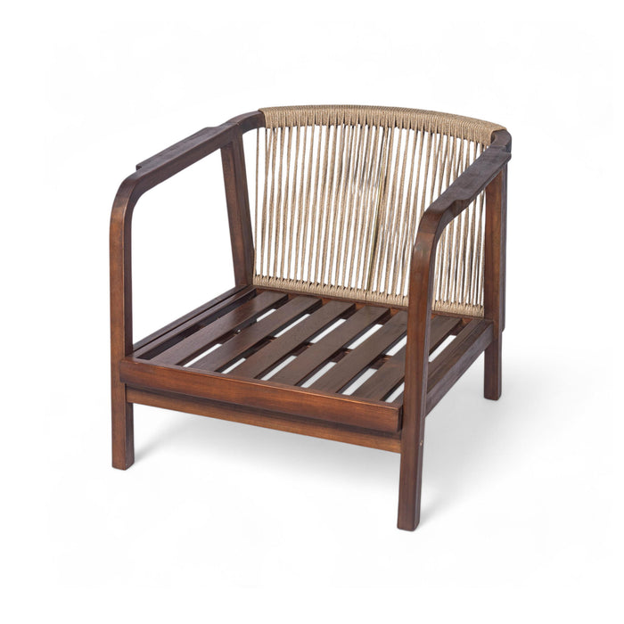 Outdoor Lounge Chair With Woven Backrest, Solid Wood Frame, Comfortable Cushions