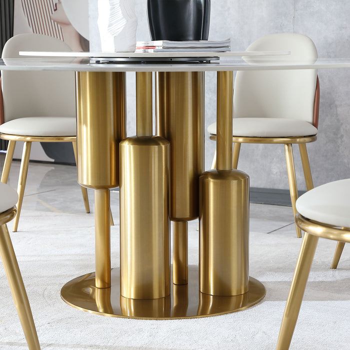 Round Sintered Stone Table, Modern Marble Dining Table (Table Only) - Gold / White