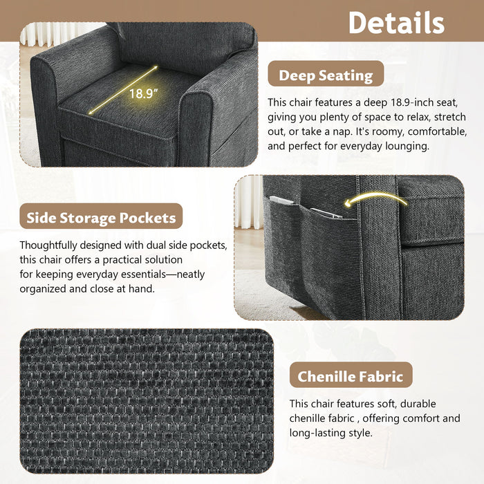 360° Swivel Accent Barrel Armchair With Side Pockets, Compact Design