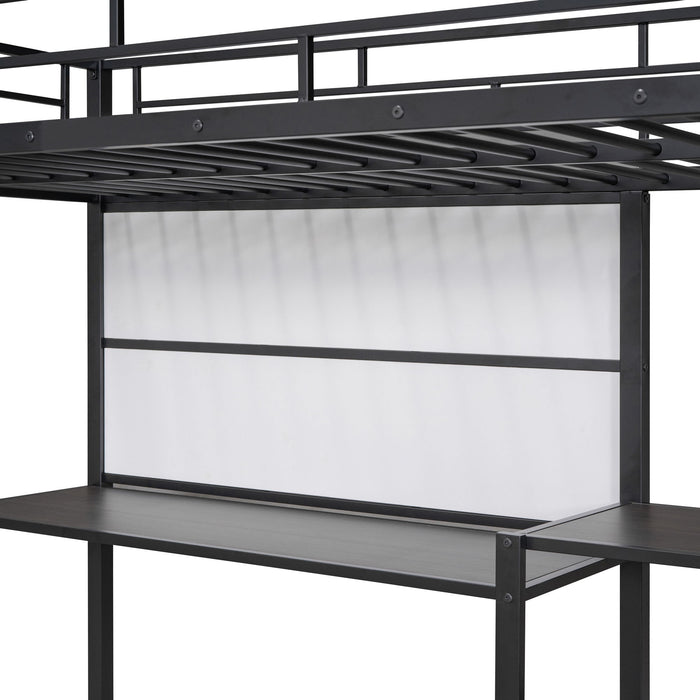 Metal Loft Bed With Desk, 3 Shelves And Ladder