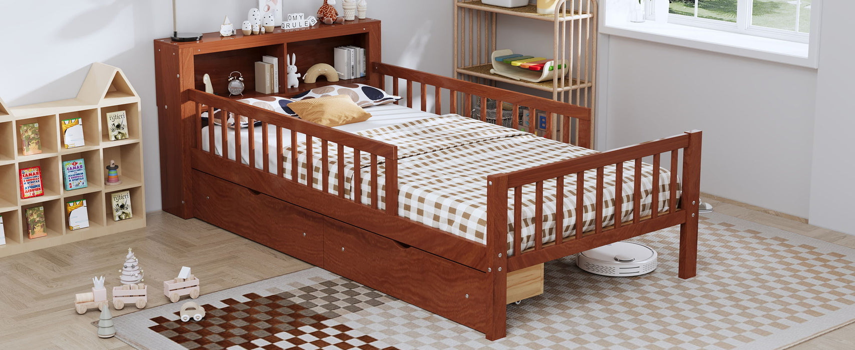 Bed With Headboard Storage Rack, 2 Under Bed Drawers, 3 Side Guardrails For Safety