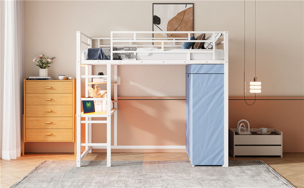 Loft Bed With Desk, Shelves, Power Outlet, LED Light And Wardrobe