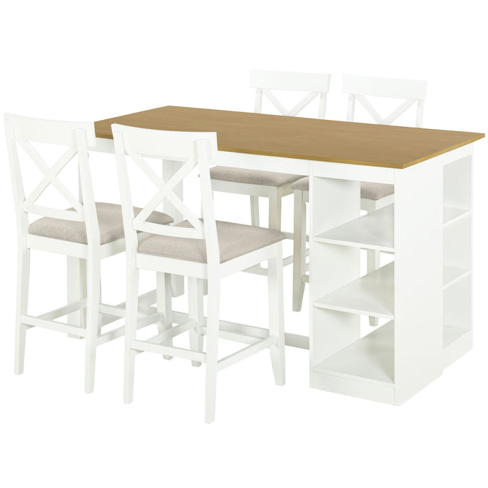 Topmax 60" Lx30" W Solid Wood Farmhouse Counter Height Dining Table Set With 3 - Tier Storage Shelves, Upholstered Dining Chairs For 4, 5 Piece, White