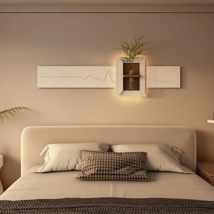 3D LED Sandstone Wall Decor With Simulated Plants, Glass Vase & Remote Control - Light Coffee