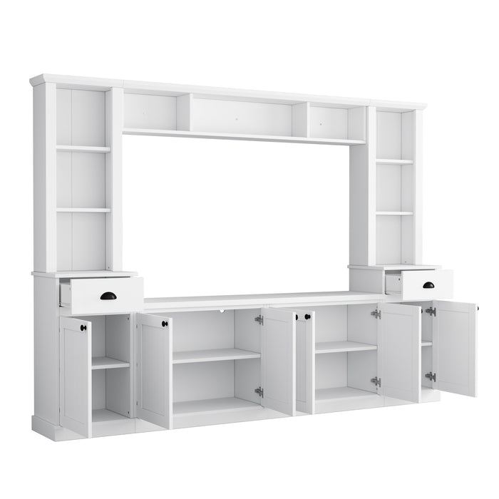 On Trend Minimalist Entertainment Wall Unit Set With Bridge For TVs Up To 75 Inches, Ample Storage Space TV Stand With Adjustable Shelves, Modernist Large Media Console For Living Room, White