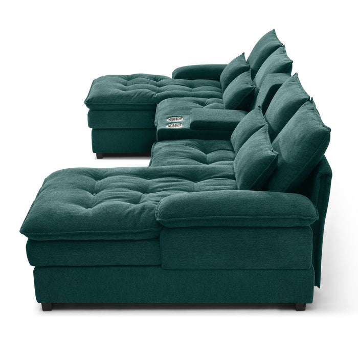 U Shaped Sofa With Console And Cupholders, 6 Seat