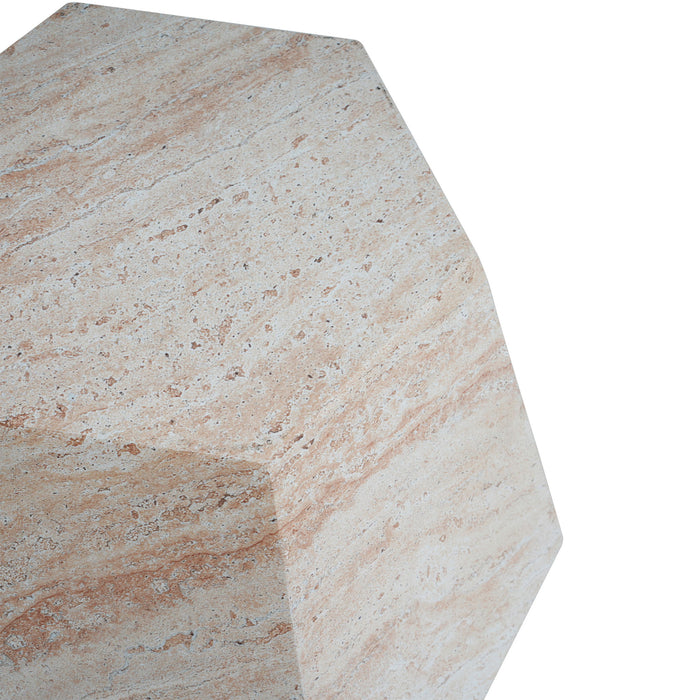 Outdoor / Indoor Lightweight Concrete Side Table, Hexagonal Round Travertine Accent Table - Beige