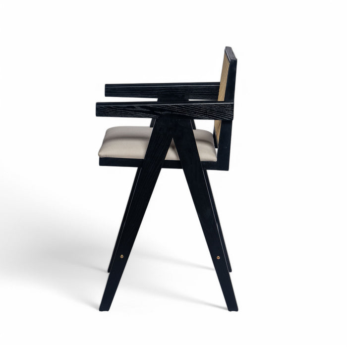 Woven Cane Plastic Backrest Bar Stool Foam Padded Fabric Seat & Durable Rubberwood Frame - Cream Gray