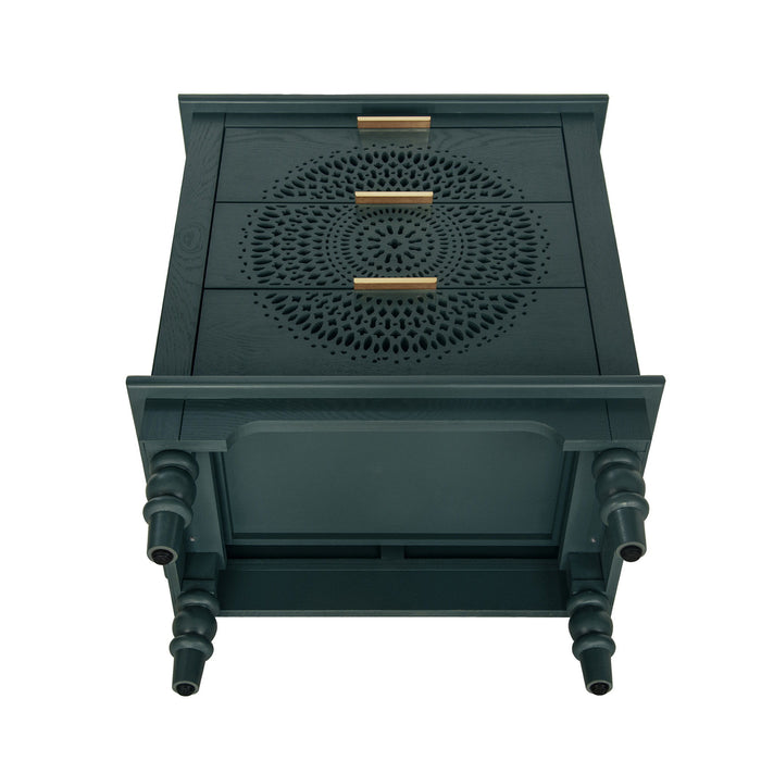 Hollow Carved 3 Drawer Dresser With Metal Handles, Storage Chest For Living Room Or Bedroom - Blackish Green