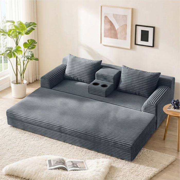 Soft Striped Convertible Sofa Bed, Dual Use Lounge Couch With Cup Holders And Pillows