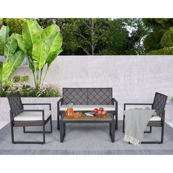 4 Piece Patio Furniture Set With Acacia Wood Table Top And Cushions
