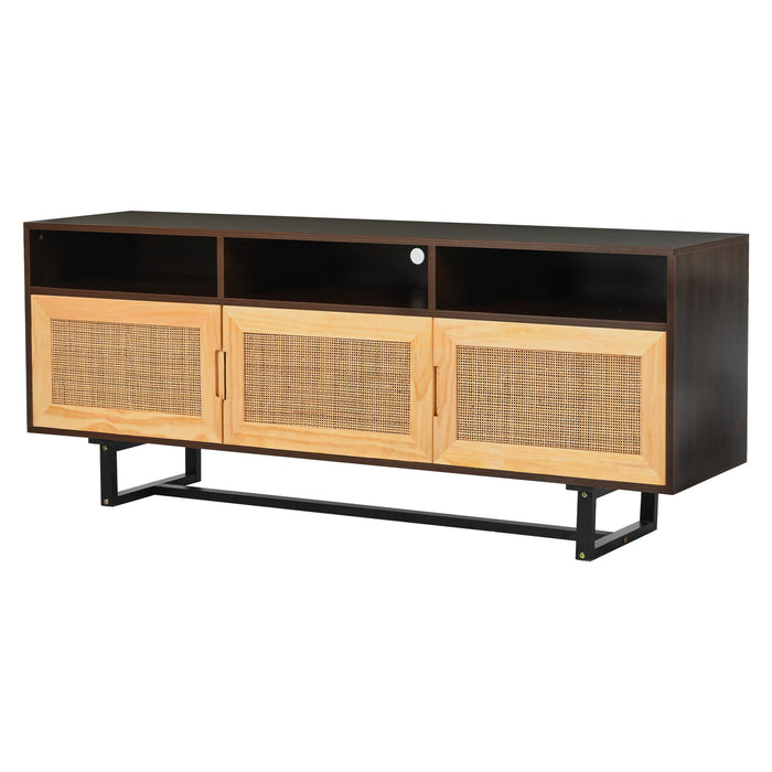 Trexm Retro Rattan TV Stand 3 Door Media Console With Open Shelves For TV Stand Under 75" (Walnut)