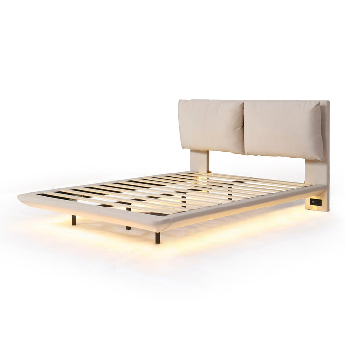 Upholstered Platform Bed With Sensor Light And 2 Large Backrests, With 2 Sets Of USB Port And Socket On Each Rear Bed Leg